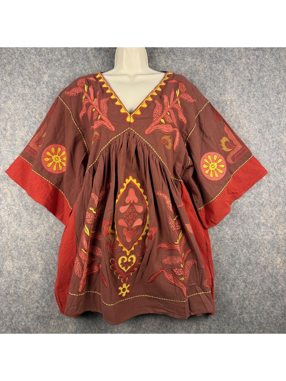 Blue Velvet Embroidered Oversized Baby Doll Terracotta Brown Dress Size S/M 150